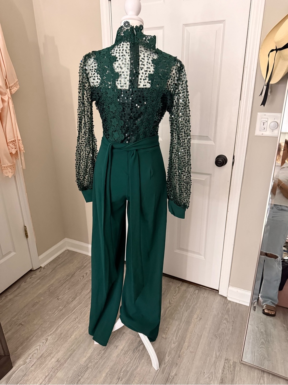 High-Neck Emerald Lace Jumpsuit with Wide Leg Pants - Picture 2 of 3